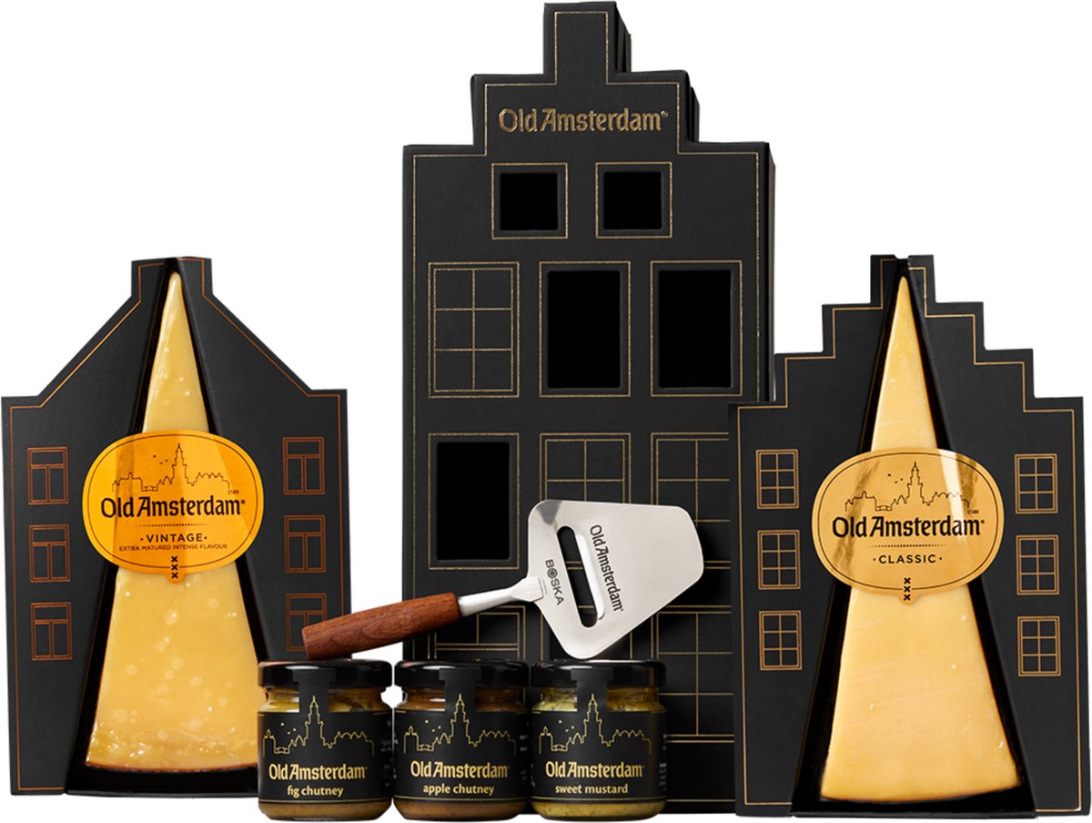 Old Amsterdam Timeless Giftbox – Kaaspakket met 2 Kazen, Chutneys, Kaasschaaf & Borrelplank – Cadeaupakket