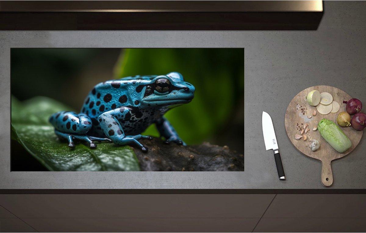 Inductieplaat Beschermer - Blauwe zwart gestipte gif kikker zit op blad - 95x51 cm - 2 mm Dik - Inductie Beschermer - Bescherming Inductiekookplaat - Kookplaat Beschermer van Wit Vinyl