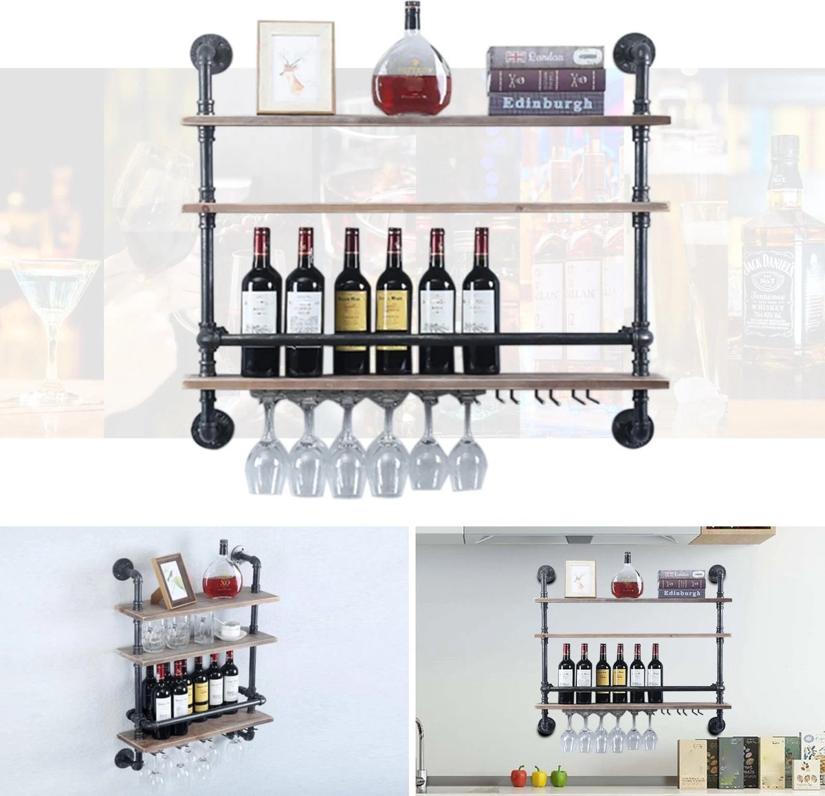 SureDeal® - Wandplank - Wijnrek - Wijnglazen Houder - 3 Planken - Industrieel - Hout - 100x60x20 cm - Woonkamer - Keuken - Slaapkamer - Wandrek - Muur — cadeau in Wonen & Interieur - foto 4