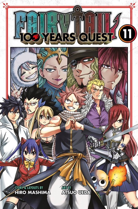 Boekomslag van Fairy Tail: 100 Years Quest deel 11 met Natsu in het midden, omringd door andere personages.