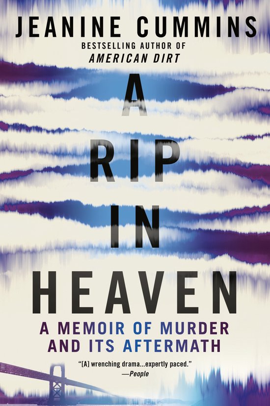 Boekcover 'A Rip in Heaven' door Jeanine Cummins, met de titel in grote zwarte letters op een abstracte achtergrond van blauwe en paarse wolken.