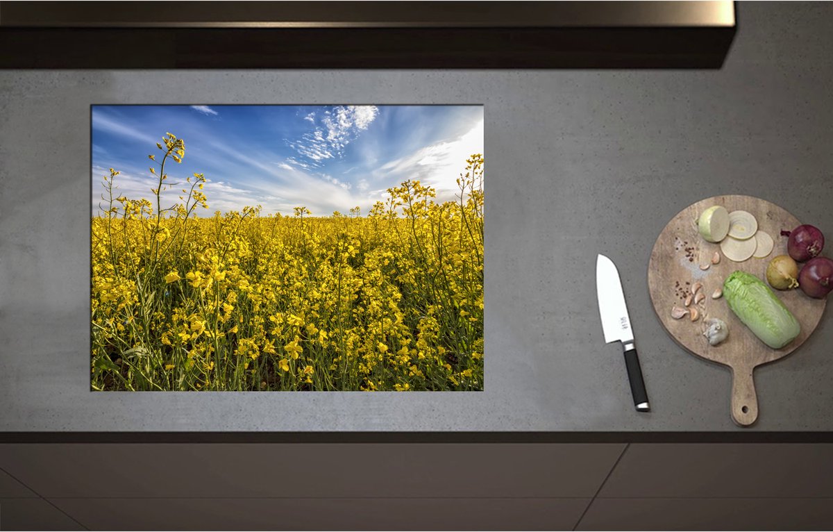 Inductieplaat Beschermer - Bloeiende Gele Bloemen op een Mooie Lentedag - 71x52 cm - 2 mm Dik - Inductie Beschermer - Bescherming Inductiekookplaat - Kookplaat Beschermer van Wit Vinyl