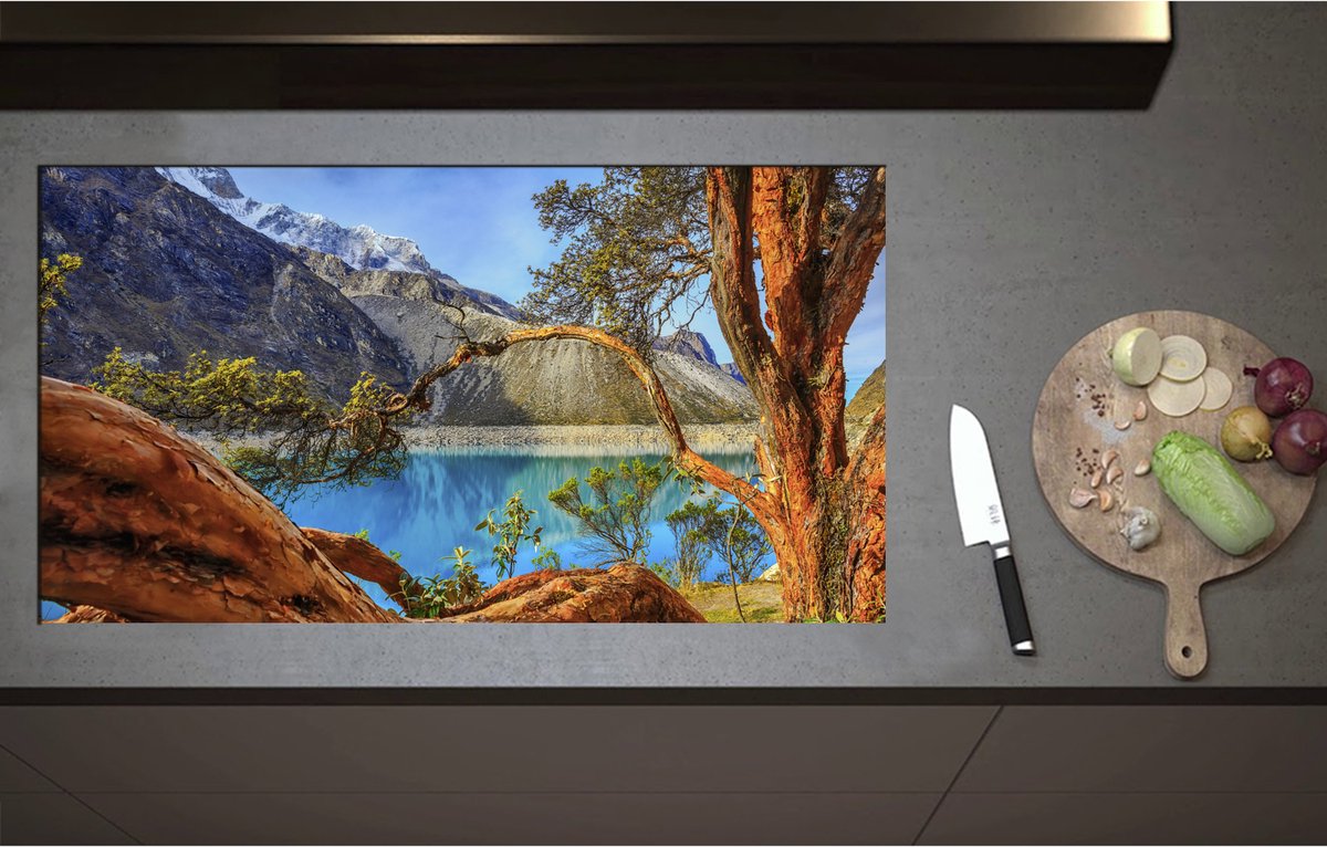 Inductieplaat Beschermer - Bomen en Takken hangend over Blauw Water in het Dal van de Bergen - 95x52 cm - 2 mm Dik - Inductie Beschermer - Bescherming Inductiekookplaat - Kookplaat Beschermer van Zwart Vinyl