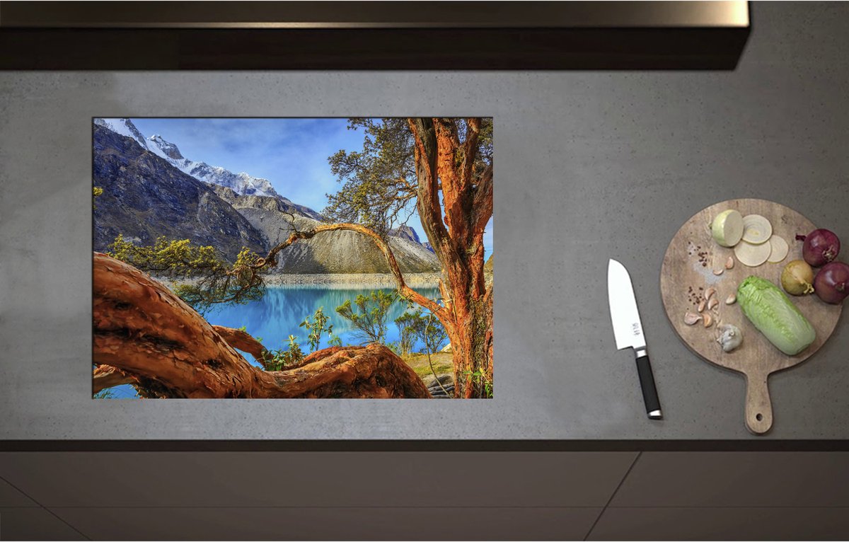 Inductieplaat Beschermer - Bomen en Takken hangend over Blauw Water in het Dal van de Bergen - 71x50 cm - 2 mm Dik - Inductie Beschermer - Bescherming Inductiekookplaat - Kookplaat Beschermer van Wit Vinyl