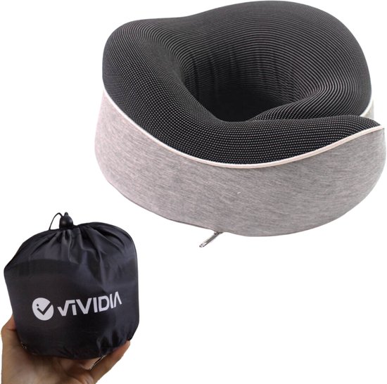 VIVIDIA Nekkussen met Memory Foam – Traagschuim – Ergonomisch Reiskussen voor Vliegtuig & Auto – Grijs
