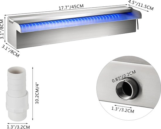 PrimePicks® - Zwembad Waterval Fontein - Zwembad Verlichting - 45 cm - RVS - Veranderende LED Lichtstrip - 18 Kleuren - Met Afstandsbediening