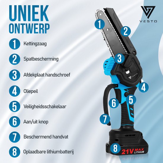 Blauwe en zwarte Vesto mini kettingzaag met genummerde onderdelen. Tekst: "UNIEK ONTWERP".
