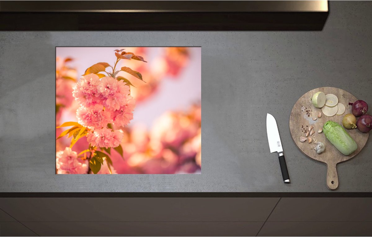 Inductieplaat Beschermer - Bloeiende Roze Bloesem Bloemen op Mooie Lentedag - 59x52 cm - 2 mm Dik - Inductie Beschermer - Bescherming Inductiekookplaat - Kookplaat Beschermer van Zwart Vinyl