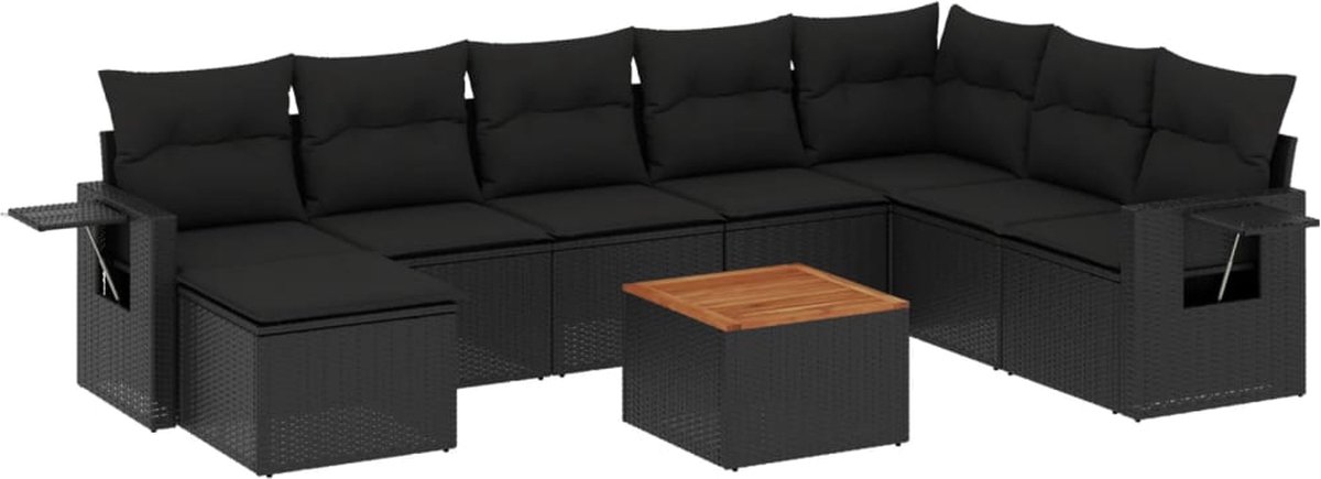 vidaXL 9-delige - Loungeset - met - kussens - poly - rattan - zwart