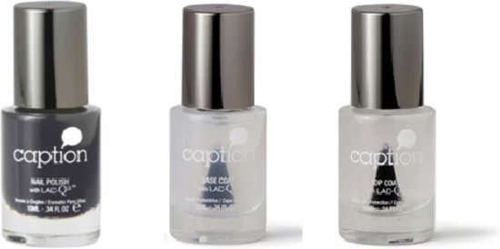 Drie Caption nagellakflesjes: een donkergrijze nagellak, een basecoat en een topcoat, elk met een zilverkleurig dopje.