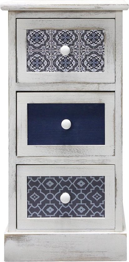Ruimtebesparend Nachtkastje Ladekast met 3 Lades Hout Wit Grijs Blauw Vintage Design Voor Thuis Slaapkamer Woonkamermeubilair - Afmetingen: 62 X 29 X 25 cm (Hxbxd) - Art. Koning 6081 Beside shelf