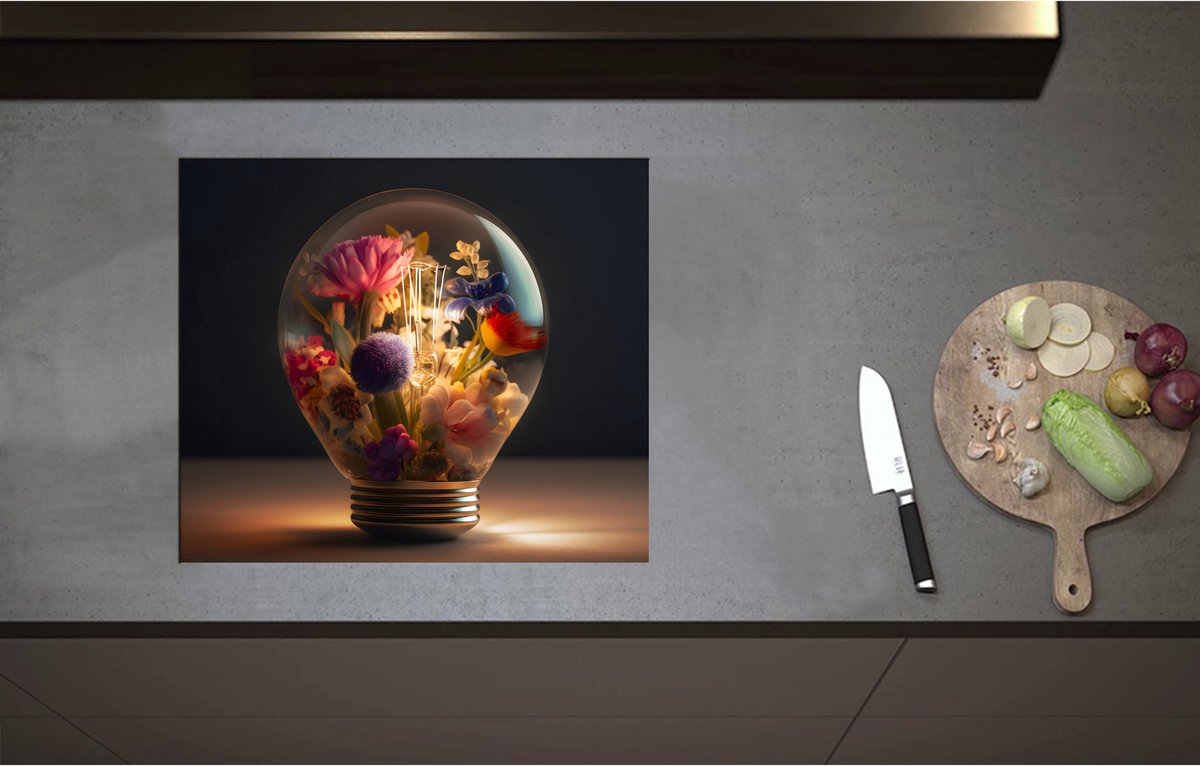 Inductieplaat Beschermer - Bloemboeket Groeiend in Lichtgevende Lamp - 59x51 cm - 2 mm Dik - Inductie Beschermer - Bescherming Inductiekookplaat - Kookplaat Beschermer van Wit Vinyl
