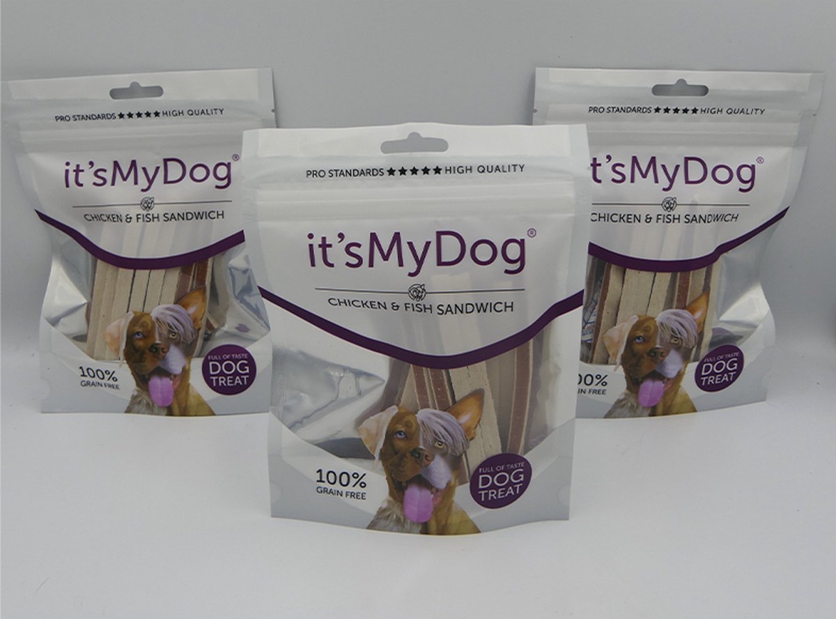 3 X it's my dog 85 gram chicken & fish sandwich 100% graanvrij geen toegevoegde suiker .gezond en lekker kippenborst 76% vis 5%