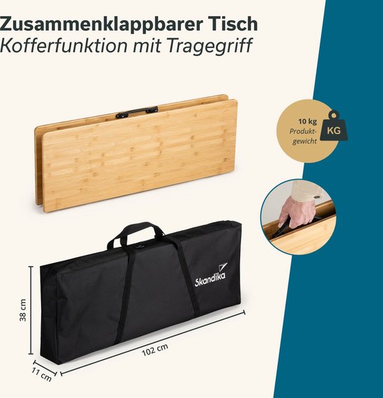 Campingtafel Tobro - Opvouwbare tafel met bamboe tafelblad - 120x70x70cm