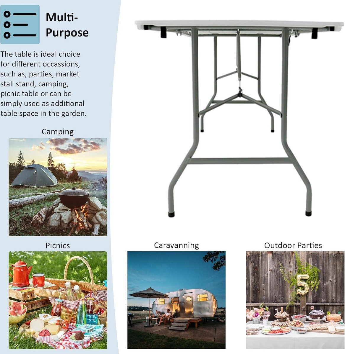 Heavy Duty Trestle Picknick Vouwtafel - 6ft Zilver - Inklapbaar camping table