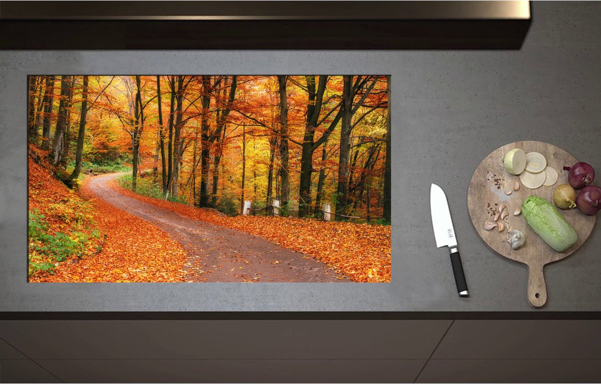 Inductieplaat Beschermer - Bospad door Herfstbos vol met Herfstkleuren - 90x52 cm - 2 mm Dik - Inductie Beschermer - Bescherming Inductiekookplaat - Kookplaat Beschermer van Wit Vinyl
