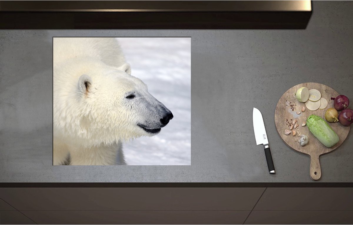 Inductieplaat Beschermer - Blije IJsbeer in de Sneeuw - 59x55 cm - 2 mm Dik - Inductie Beschermer - Bescherming Inductiekookplaat - Kookplaat Beschermer van Wit Vinyl