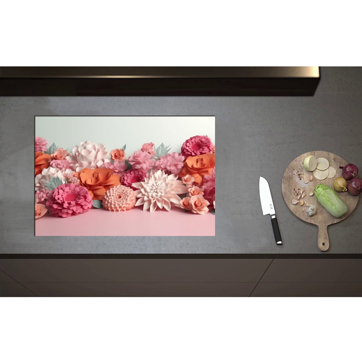 Inductieplaat Beschermer - Boeket van Papieren Bloemen - 75x50 cm - 2 mm Dik - Inductie Beschermer - Bescherming Inductiekookplaat - Kookplaat Beschermer van Wit Vinyl