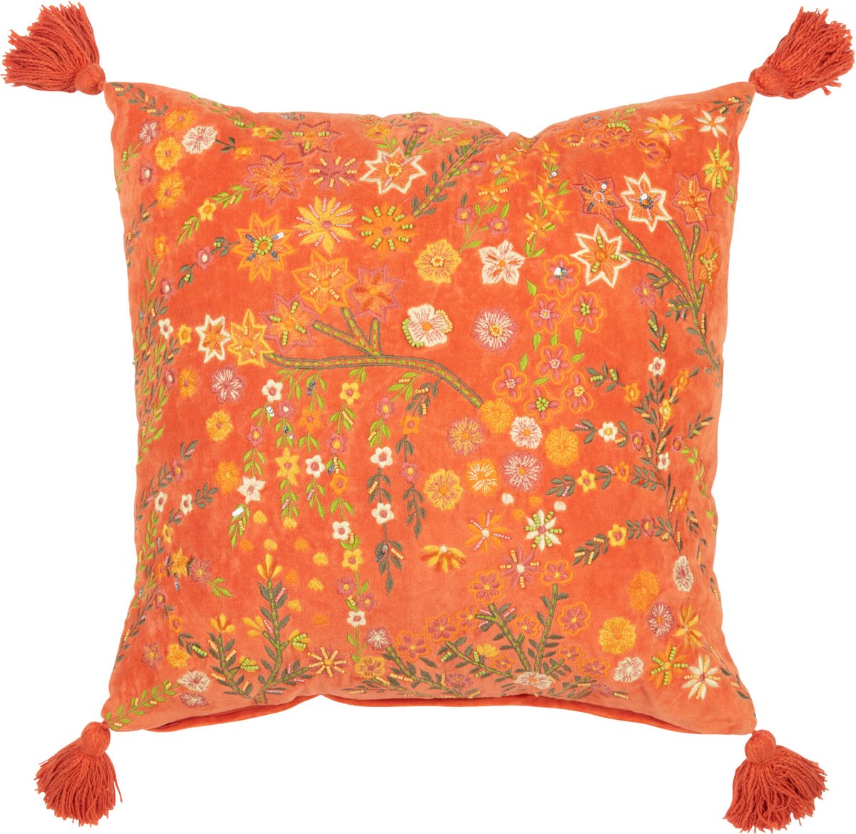 J-Line kussen Vierkant Bloemen + Kwastjes - fluweel - oranje