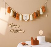 Feestpakket Verjaardag Kindje 1 jaar, 2 jaar, 3 jaar - Aardetinten en Hout - Verjaardagskroon - Verjaardagsslinger met Tassels - Toverstafje - Happy Birthday Houten Bord - Taarttopper