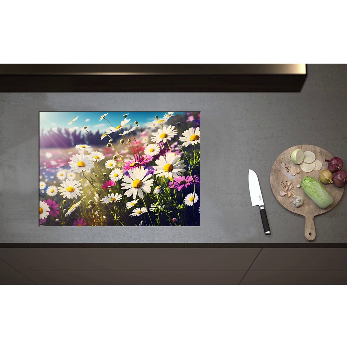 Inductieplaat Beschermer - Bloemenveld Vol Paarse en Witte Madeliefjes - 70x50 cm - 2 mm Dik - Inductie Beschermer - Bescherming Inductiekookplaat - Kookplaat Beschermer van Zwart Vinyl