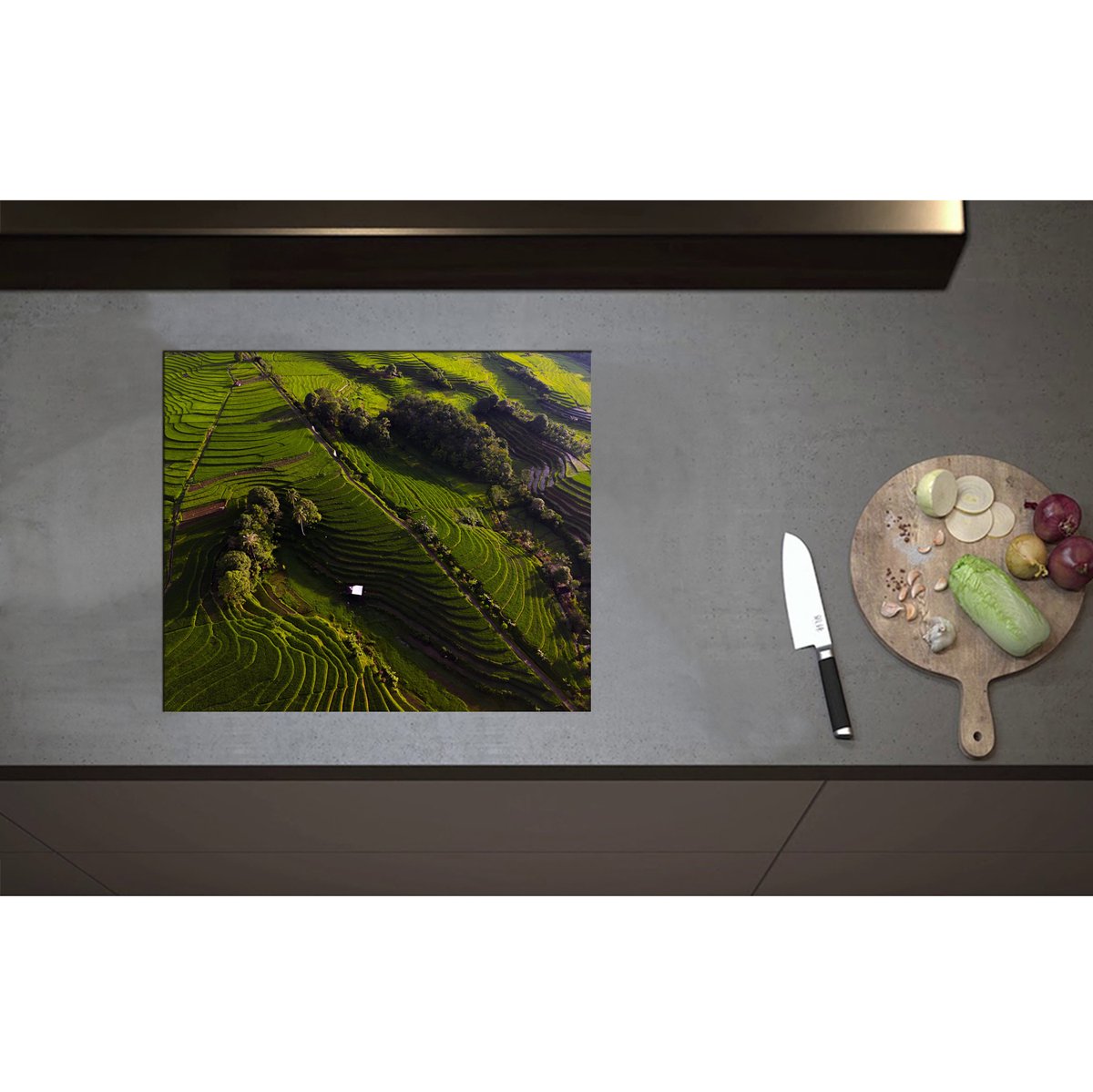 Inductieplaat Beschermer - Bovenaanzicht van de Rijstvelden in Indonesië - 59x50 cm - 2 mm Dik - Inductie Beschermer - Bescherming Inductiekookplaat - Kookplaat Beschermer van Zwart Vinyl