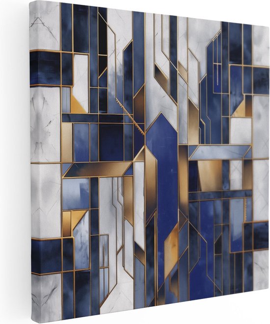 Artaza Canvas Schilderij Blauw en Goud Geometrisch Patroon op een Witte Achtergrond - 30x30 - Klein - Foto Op Canvas - Canvas Print