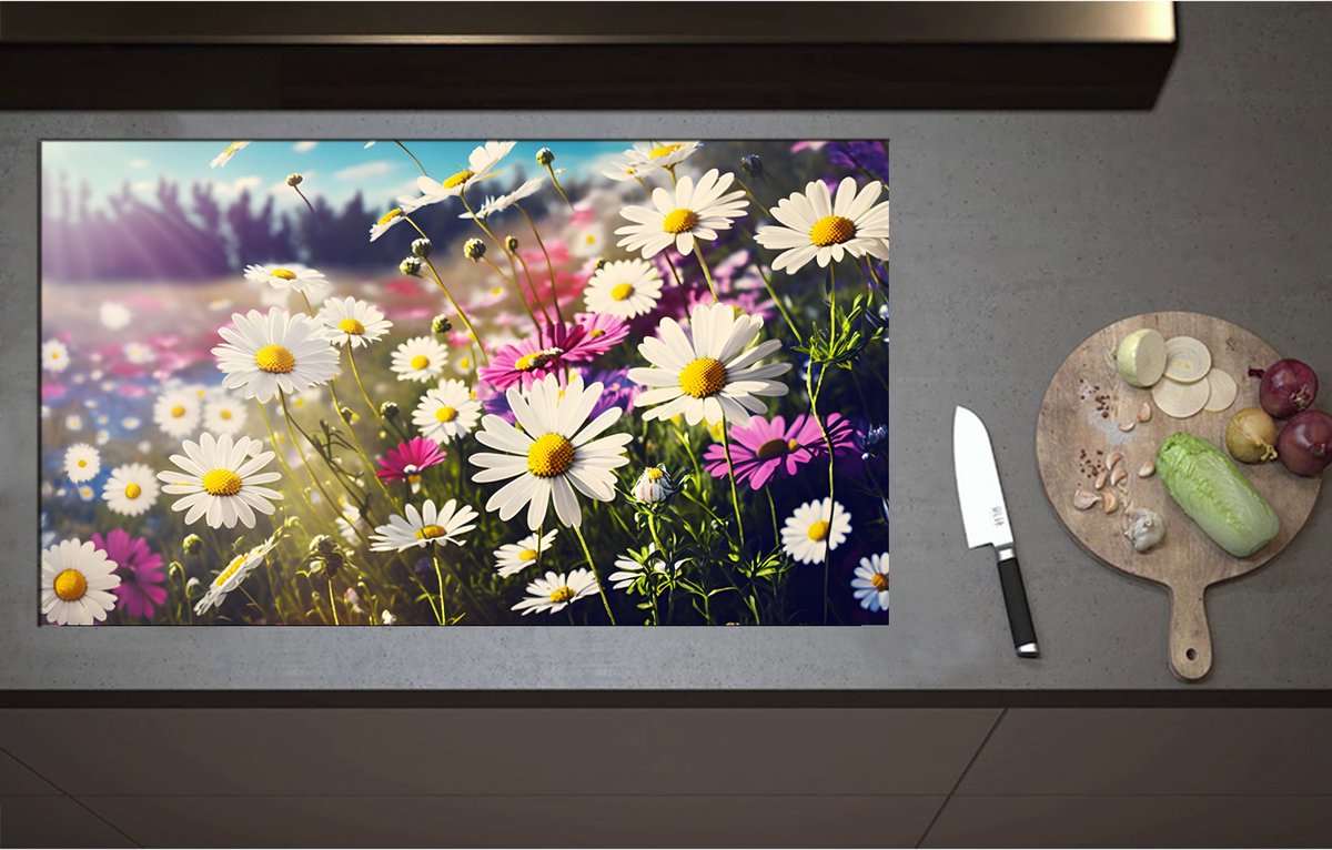 Inductieplaat Beschermer - Bloemenveld Vol Paarse en Witte Madeliefjes - 95x55 cm - 2 mm Dik - Inductie Beschermer - Bescherming Inductiekookplaat - Kookplaat Beschermer van Wit Vinyl