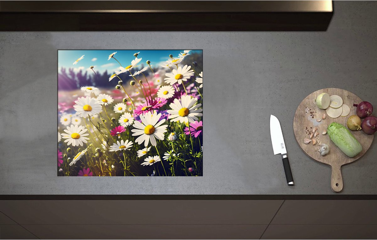 Inductieplaat Beschermer - Bloemenveld Vol Paarse en Witte Madeliefjes - 58x51 cm - 2 mm Dik - Inductie Beschermer - Bescherming Inductiekookplaat - Kookplaat Beschermer van Zwart Vinyl