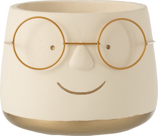 J-Line bloempot Bril - cement - wit/goud - large - Ø 20 cm
