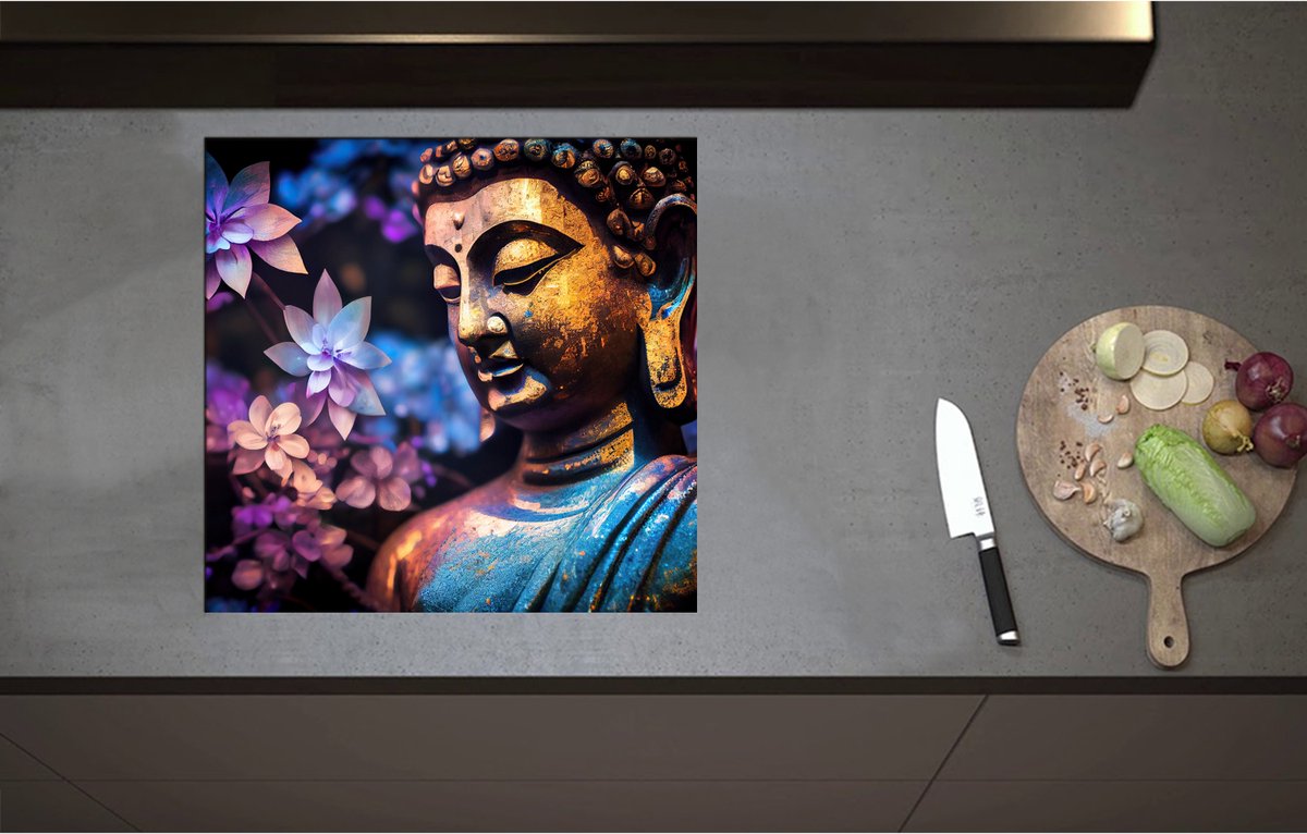 Inductieplaat Beschermer - Boeddha voor Struik vol Paarse Lelies - 57x55 cm - 2 mm Dik - Inductie Beschermer - Bescherming Inductiekookplaat - Kookplaat Beschermer van Wit Vinyl