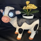 Polyresin solarlamp "koe met plantenbakje" - meerkleurig - met 2 LEDs - Staand model - hoogte 19 x 23 x 10 cm - exclusief plant - Tuindecoratie - Tuinverlichting