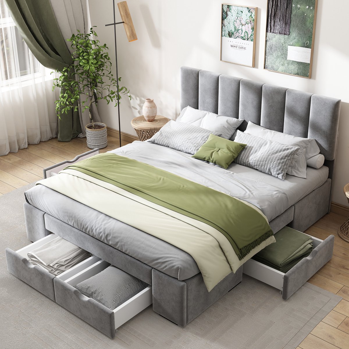 Sweiko Gestoffeerd bed - 140 x 200 cm - Tweepersoonsbed - 4 lades - Velvet - Grijs