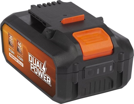 Zwarte 20V/40V Dual Power accu met oranje ontgrendelingsknop en laadindicatoren.