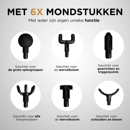 Zes verschillende zwarte massage mondstukken voor de MusclePro Lite, elk met een eigen functie.