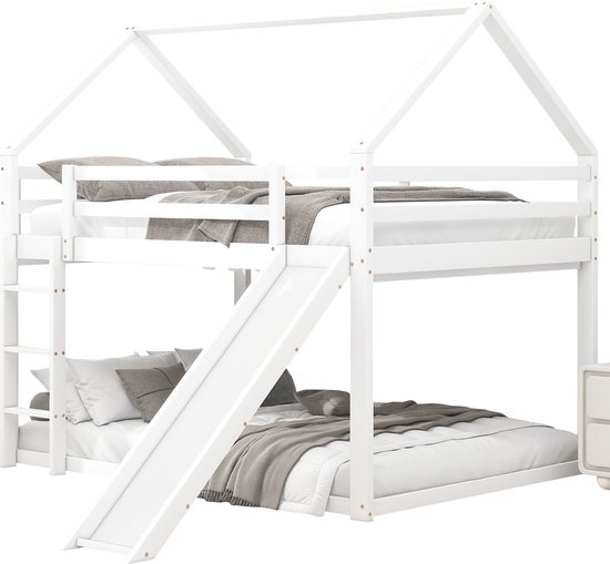 Merax Doppelbett Kinderbett Hausbett Etagenbett mit Rutsche und Leiter, Kinderzimmer Hoch-Doppel-Stockbett, Weiß, 140x200cm