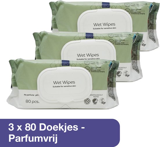 Drie pakken Abena vochtige doekjes, zonder parfum, met witte verpakking en groene details. 80 stuks per pak.
