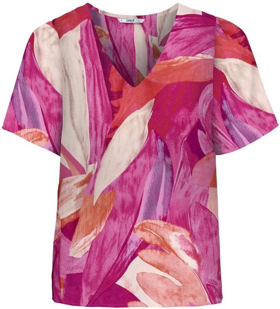 Only T-shirt Onlalma Life Vis S/s V-neck Top Aop 15273136 Coral Rose/557 Santor Dames Maat - XL