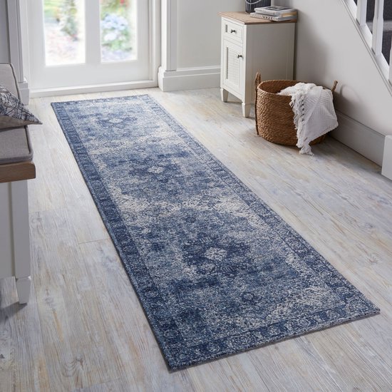 Flycarpets Loper Vintage Vloerkleed - Antique Traditioneel - Laagpolig - Medaillon - Blauw - 60x230 cm