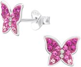 Joy|S - Zilveren vlinder oorbellen - 9 x 7 mm - roze tinten kristal - kinderoorbellen