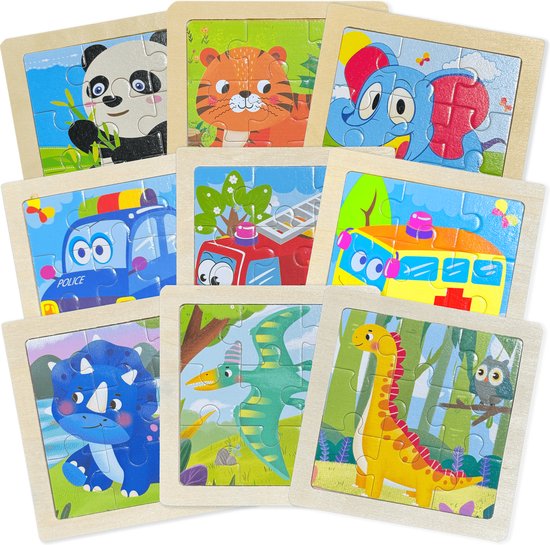 Foto: Kinderpuzzel hout puzzel 9 stukjes 9 puzzels puzzel voor peuter houten puzzel dieren auto dinosaurus kinderspeelgoed uitdeelcadeaus cadeau jongen meisje speelgoed 1 jaar 2 jaar 3 jaar kleuter dreumes