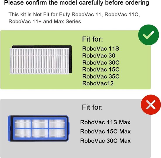 SONGRUI Vervangende onderdelen voor eufy robovac 11S, 12, 15T, 15C, 25C, 30, 30C, 35C Slim Tapijt Robotic Stofzuiger Hepa Filter Pre-Filter Roller Borstel Spin Side Borstels Bevestiging (met