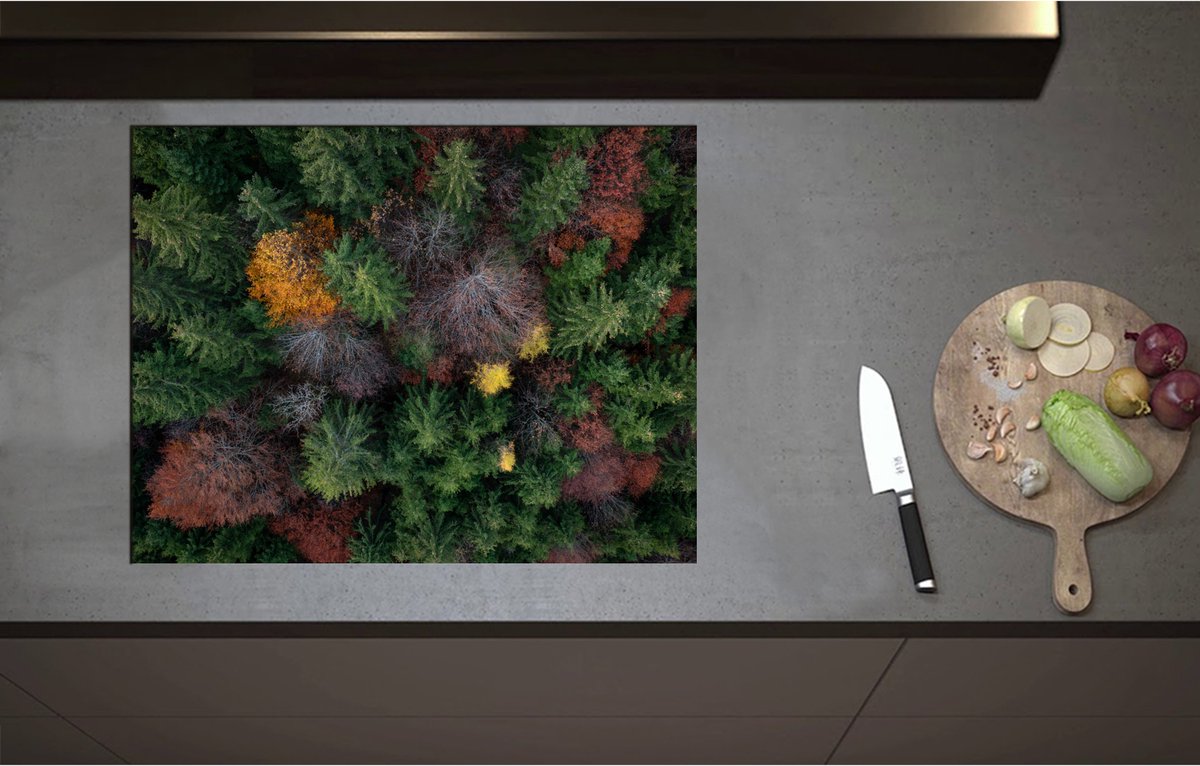 Inductieplaat Beschermer - Bovenaanzicht van Coniferen Bomen in Verschillende Kleuren - 71x55 cm - 2 mm Dik - Inductie Beschermer - Bescherming Inductiekookplaat - Kookplaat Beschermer van Zwart Vinyl