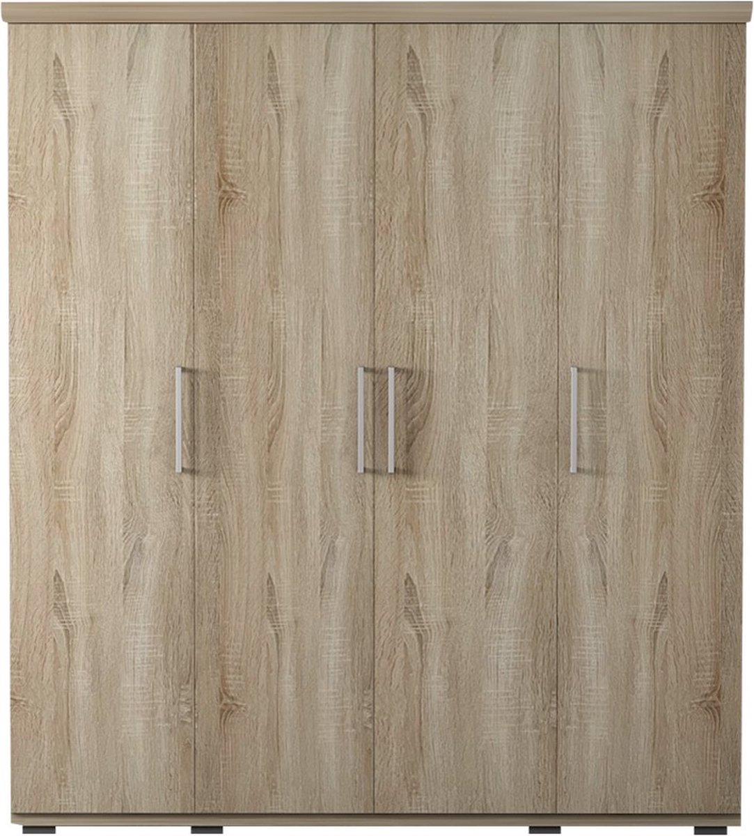 Interiax Kledingkast 'Mila' – 4 Deuren, 1 Hanger & 6 Legplanken | Sonoma Eik | 183x160x52cm