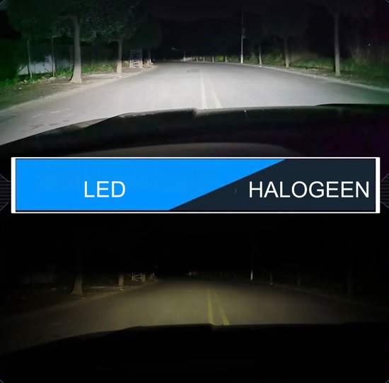 Vergelijking van wegverlichting; bovenaan LED-verlichting, onderaan halogeenverlichting. Met de tekst 'LED' en 'HALOGEEN'.