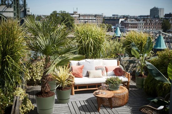 Een sfeervolle daktuin met een witte bank, rieten tafel, palmbomen en olijfgroene plantenbakken.