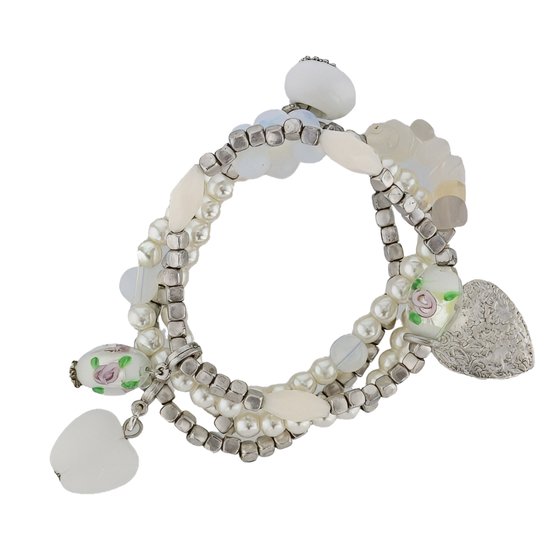 Behave - Bracelet - élastique - 4 rangs - perles blanches beiges avec perles en métal aspect argent vintage antique