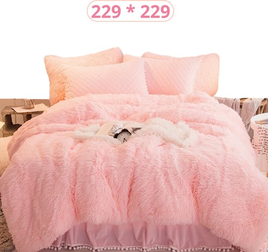 Livano Teddy Dekbedovertrek - Fleece Dekbedovertrek - Fluffy Dekbedovertrek - Pluche - Dekbed - Deken - Inclusief Kussens - Licht Roze 229x229cm