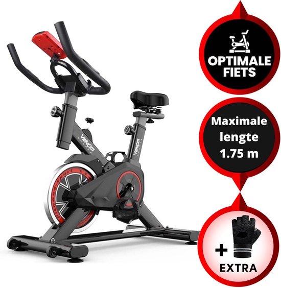 Foto: Venom sports hometrainer fiets hometrainer fitness professionele indoor bike met lage instap hoge stabiliteit v belt aandrijving tot 175cm en 150kg zwart rood