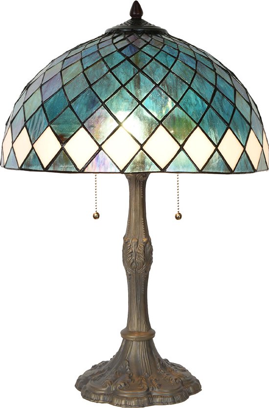 HAES DECO - Tiffany Tafellamp Ø 40x61 cm Blauw Glas Tiffany Bureaulamp